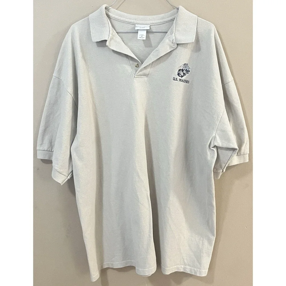 US Marines Polo Shirt Men's 2XL Beige Cotton Deluxe by Anvil Military Casual USA
